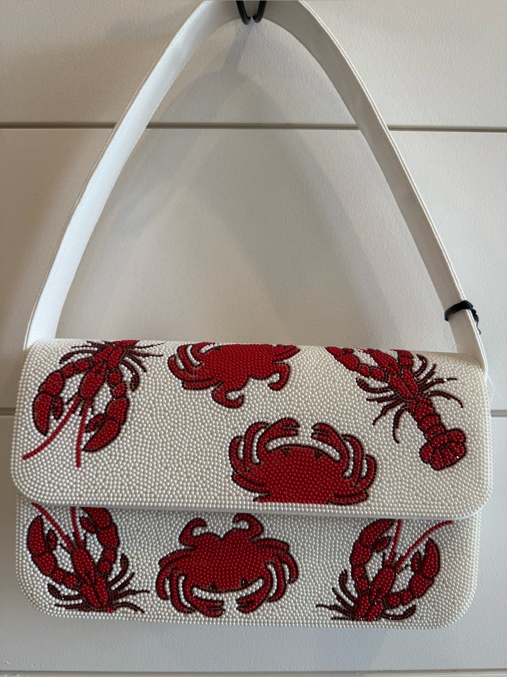 VIRAL White Beaded Shoulder Bag with Red Crab & Lobster Motif